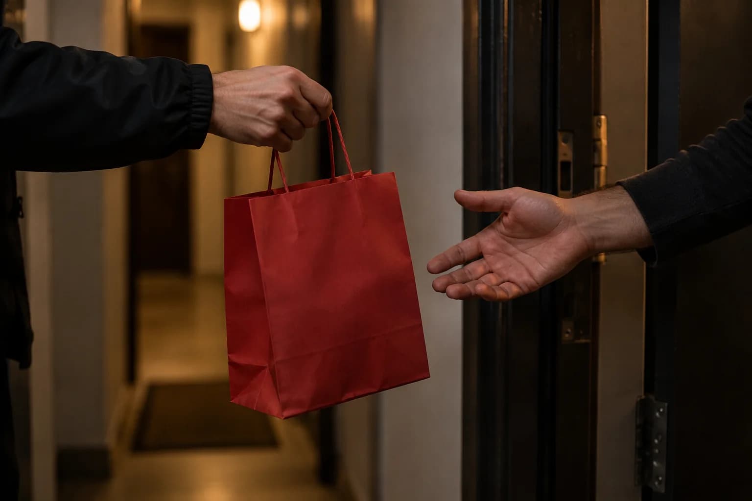 A Food Studio bag being handed over at a doorway