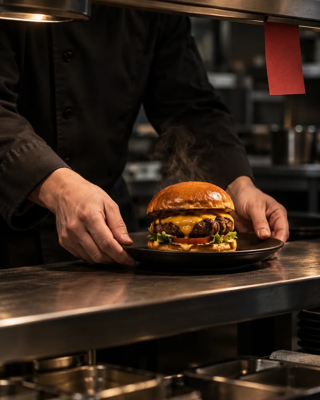 A cheeseburger being plated at the pass of the kitchen