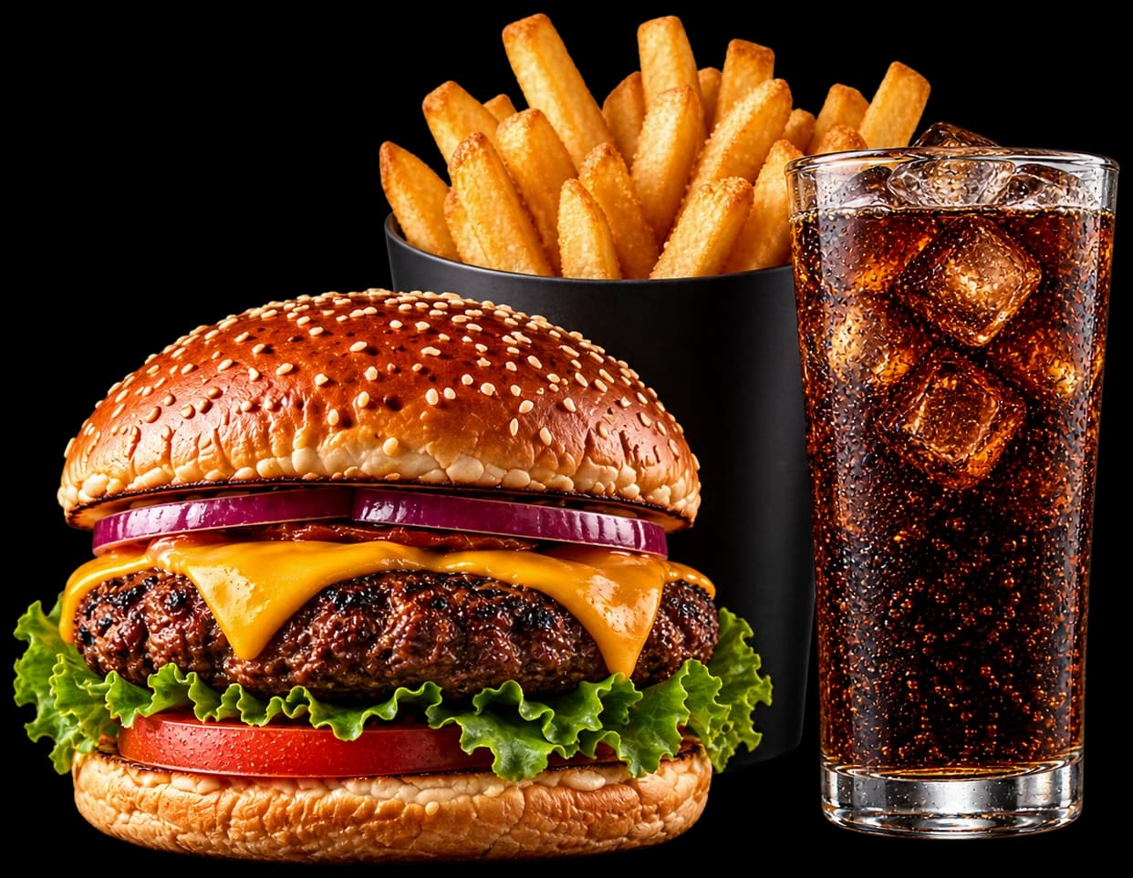 A cheeseburger with fries and a cola